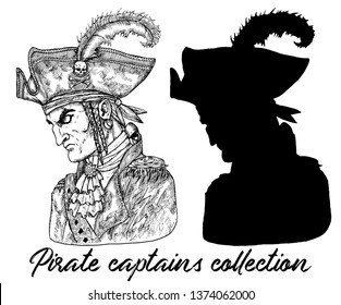 Pirate captain in hat and silhouette isolated on white. Hand drawn engraved vector illustration of sailor, seaman or seafarer in old vintage style