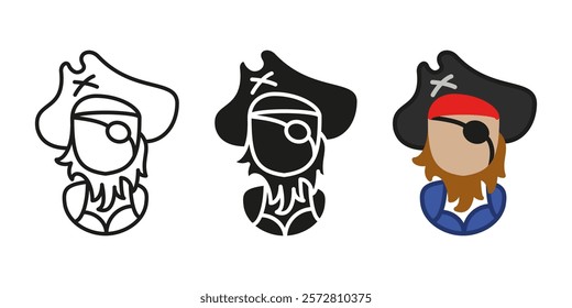 Pirate captain icon. Pirate of the Caribbean character vector illustration. Corsair robber costume sign. Piracy and adventure symbol. Seaman sailor mascot. One eye pirate captain with hat and bandana.