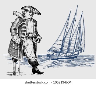Pirate or captain man on ship traveling through the oceans and seas. Marine adventure of a sailor. hook and sailboat. engraved sketch hand drawn in vintage style. design for tattoo or print on t-shirt