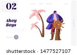 Pirate Captain on Ship Website Landing Page. Young Man Wearing Old Fashioned Dressing and Hat with Black Eye Bandage Driving Steering Wheel, Adventure Web Page Banner. Cartoon Flat Vector Illustration