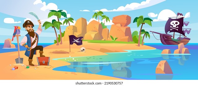 A pirate captain with a parrot found a treasure chest on a tropical island. Cartoon background for an adventure game with a pirate ship, palm trees, sandy beach and a secret place. Vector illustration