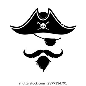 Máscara de cabina fotográfica del capitán del pirata de tricornio y eyepatch, vector de dibujos animados. Cabina de fotos de piratas o marineros de corsario caribeños mascarilla de efecto facial de sombrero de capitán con cráneo y huesos cruzados, parche y barba