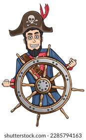 Capitán del pirata navegando en barco. Ilustración vectorial