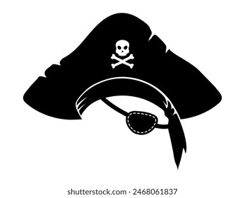 Pirate captain or sailor photo booth mask with tricorn hat and eye patch. Privateer cocked hat, filibuster classic costume or caribbean buccaneer sailor or pirate headwear vector photo booth mask