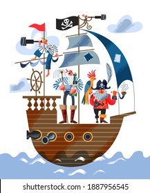 Pirate, captain and sailor sailing on ship in sea or ocean. Man with parrot, sailor with bottle and broom, monkey, boy with spyglass. Adventure and marine piracy vector illustration.