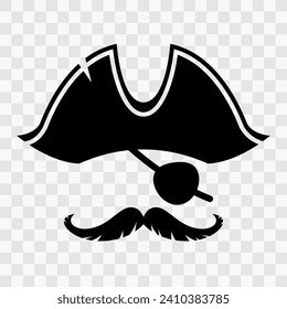 Piratenkapitän oder Seemann Tricorn Hut und Blickpflaster Foto Booth Maske. Vektor-Geburtstagskostüme, Requisiten für Fotokabinen oder Scrapbooking-Elemente mit isolierter Silhouette aus Piraten, Korsair oder Bukcaneer