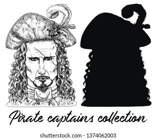 Pirate captain with scar and silhouette isolated on white. Hand drawn engraved vector illustration of sailor, seaman or seafarer in old vintage style