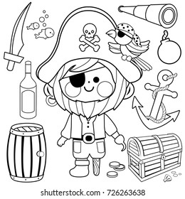 Pirate captain set. Vector black and white coloring page.
