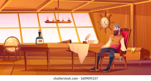 Pirate captain in ship cabin. Vector cartoon illustration of wooden room interior, man with beard and hook instead of hand, treasure chest and table with bottle of rum, map and spyglass