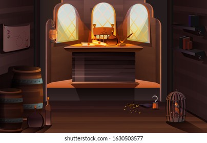 Pirate Captain Ship Cabin Wooden Room Interior With Bottle, Scrolls And Feather Pen On Desk, Treasure Map On Wall, Gold Coins, Cage With Parrot And Hand Hook Stand On Floor Cartoon Vector Illustration