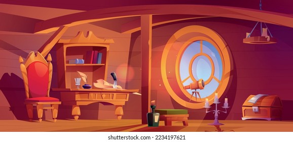 Pirate captain ship cabin. Wooden room interior, game background with corsair stuff. Parchment and feather pen on table, knife, bottle of rum, chest, spyglass, round window Cartoon vector illustration