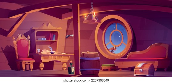 Cabina de barco del capitán del pirata. El interior de la habitación de madera con material de corsario. Pluma de pergamino y plumas sobre la mesa, silla, barril, botella de ron, cofre del tesoro, vidrio espía, ventana redonda Ilustración vectorial de dibujos animados