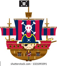 Pirate Captain and Ship with Skull and Crossbones