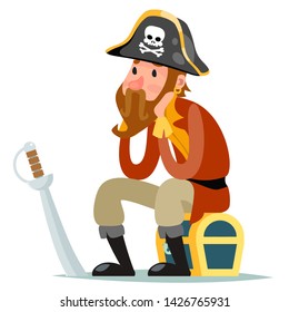 Pirate captain sit on treasure chest cartoon character design vector illustration