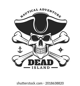 Pirate captain skull and crossed bones icon. Vector emblem with jolly roger in cocked hat. Filibusters skeleton head, anchor and wind rose monochrome isolated vintage label for nautical adventure club