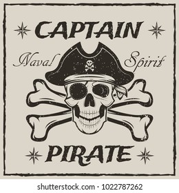 Pirate captain skull and crossed swords vector sketch grunge illustration. Human skull wearing pirate hat and eyepatch. Vintage logo, tattoo template design.