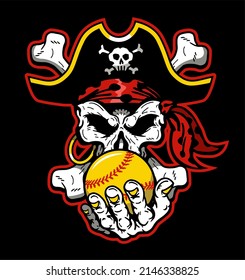 pirate captain skull mascot holding softball for school, college or league