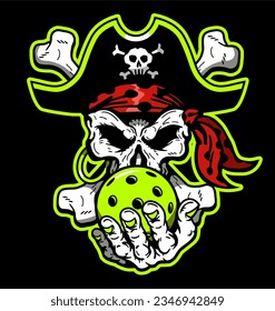 pirate captain skull mascot holding pickleball for school, college or league sports