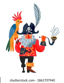 Pirate captain smoking pipe with parrot. Piratic character with beard, hook, hat with emblem, bird sitting on shoulder on white background. Adventure and marine piracy vector illustration.