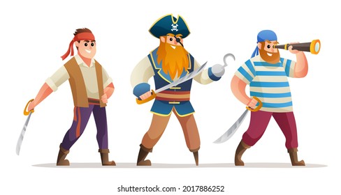 Pirate captain and soldiers holding sword character set