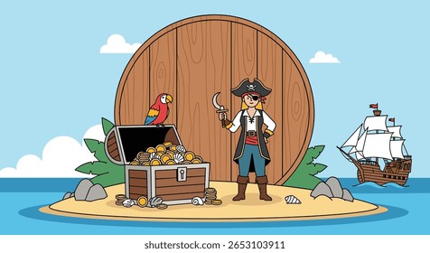 A Pirate captain stands proudly on a tropical island beside his treasure chest with his parrot perched on top a sailing ship on the horizon