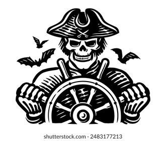 Pirate captain steering the ship. Evil skeleton on steering wheel emblem. Vector illustration of a sea robber