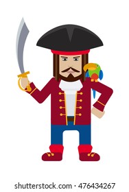 Pirate captain with sword and parrot isolated on white cartoon flat vector