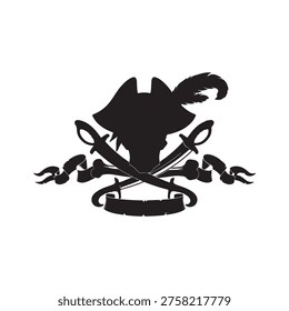 Pirate captain symbol, black isolated silhouette
