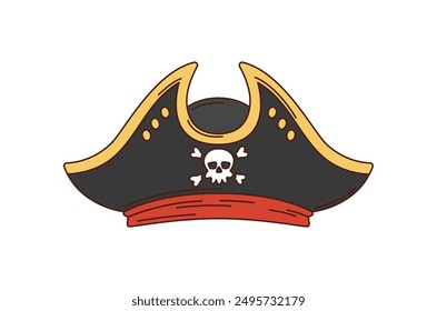 Pirate captain tricorn hat, retro cartoon groovy corsair cocked cap adorned with Jolly Roger skull and crossbs. Isolated vector buccaneer accessory with curved brim, swashbuckler headwear item