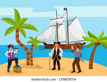 Pirate captain woman and man carries rum character bandit team found treasure chest flat vector illustration. Tropical island palm tree beach and ocean side, raider guard jewel casket.