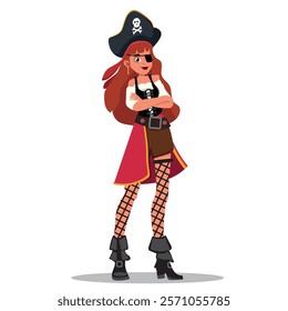 Pirate captain, woman in pirate outfit. vector illustration.