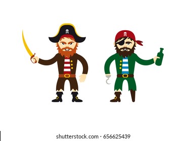 Pirate captain with wooden leg and hook vector illustration. Two pirates cartoon character. Pirate captain with saber vector. Funny pirat sailor icon set isolated on a white background