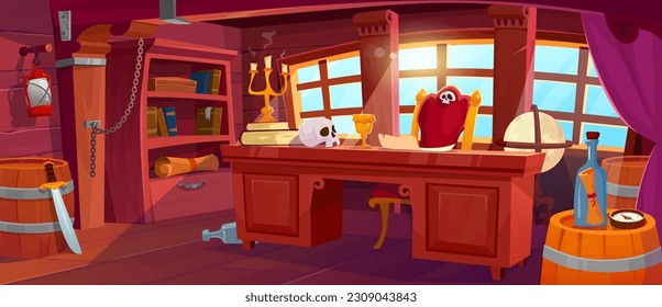 Pirate captain's cabin interior. Inside of an old wooden ship. Game background with a desk, chair, rum barrel, treasure map, skull, bottle and light from a window. Cartoon vector illustration.