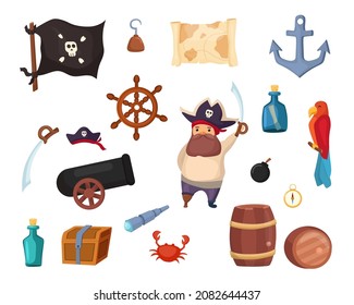 Pirate card set, bottles with note, pirate, flag, map, bomb, barrel, parrot, anchor. Marine adventure vector symbols