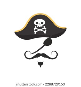 Pirate carnival mask elements with hat and moustaches, flat cartoon vector illustration isolated on white background. Pirate captain hat with crossbones.