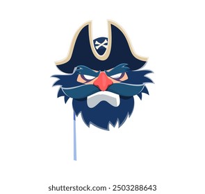 Pirate carnival mask for photo booth, corsair sailor in tricorne hat with crossbones, vector props. Pirate masquerade or photobooth mask of captain or old boatswain sailor with angry face and beard