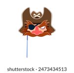 Pirate carnival and photo booth mask. Isolated cartoon vector corsair mask with fierce expression, large red nose, an eyepatch over one eye, bushy mustache, and a cocked hat with skull and crossbones