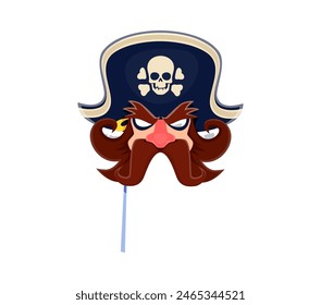 Pirate carnival photo booth mask. Isolated cartoon vector whimsical corsair face on stick, playful mask, features a scowling expression, large mustache, red nose, and a cocked hat with a skull emblem