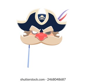 Máscara de fotomatón de carnaval pirata. Disfraz de fotomatón de dibujos animados, accesorios. Disfraz de corsario de Vector aislado con parche en el ojo, sombrero de tricornio, bigotes y un toque náutico y juguetón, para instantáneas de swashbuckling