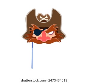 Pirate carnival and photo booth mask. Isolated cartoon vector corsair mask with fierce expression, large red nose, an eyepatch over one eye, bushy mustache, and a cocked hat with skull and crossbones