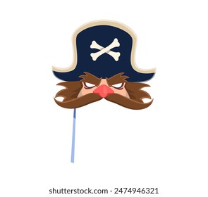 Pirate carnival photo booth mask. Isolated cartoon vector corsair face with fierce expression. Prop on stick, features a scowling captain with large mustache, red nose, and cocked hat with crossbones