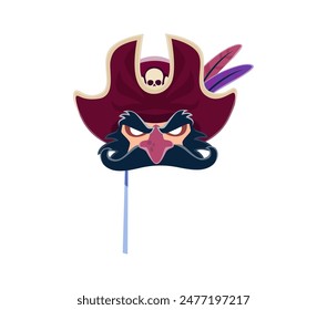 Pirate carnival and photo booth mask. Isolated cartoon vector scowling corsair with beard, captain hat, complete with menacing skull and purple feathers. Disguise for costume parties or thematic event