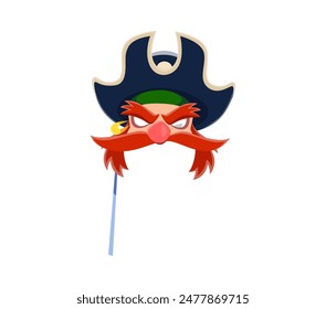 Pirate carnival and photo booth mask. Isolated cartoon vector scowling corsair with an intense expression, adorned with a dark hat, fiery red mustache and stern eyebrows. Disguise for costume parties