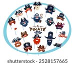 Pirate carnival and photo booth masks of corsair sailor in tricorne hats, vector props. Pirate masquerade or photobooth masks of captain with eyepatch and sailor in bandana with Jolly Roger skull