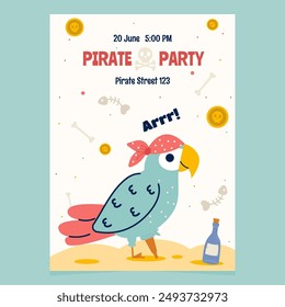 Pirate cartoon birthday party invitation with parrot