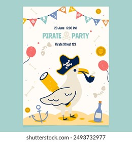 Invitación de fiesta de cumpleaños de dibujos animados pirata con gaviota