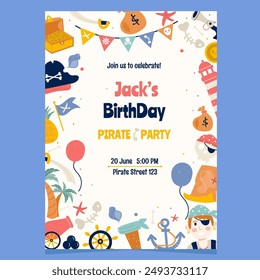 Invitación de fiesta de cumpleaños de dibujos animados piratas 