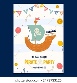 Pirate cartoon birthday party invitation with pirate ship