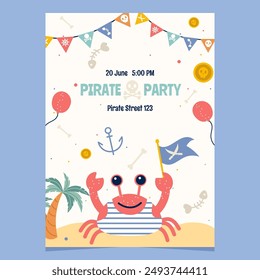 Pirate cartoon birthday party invitation with crab