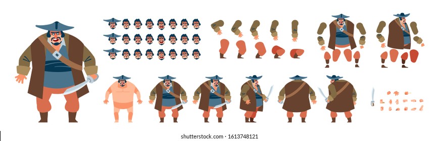 Pirate Cartoon character animation set for your motion design. Flat vector illustration isolated on white background. Front, side, back, various views, face emotions, poses and gestures.